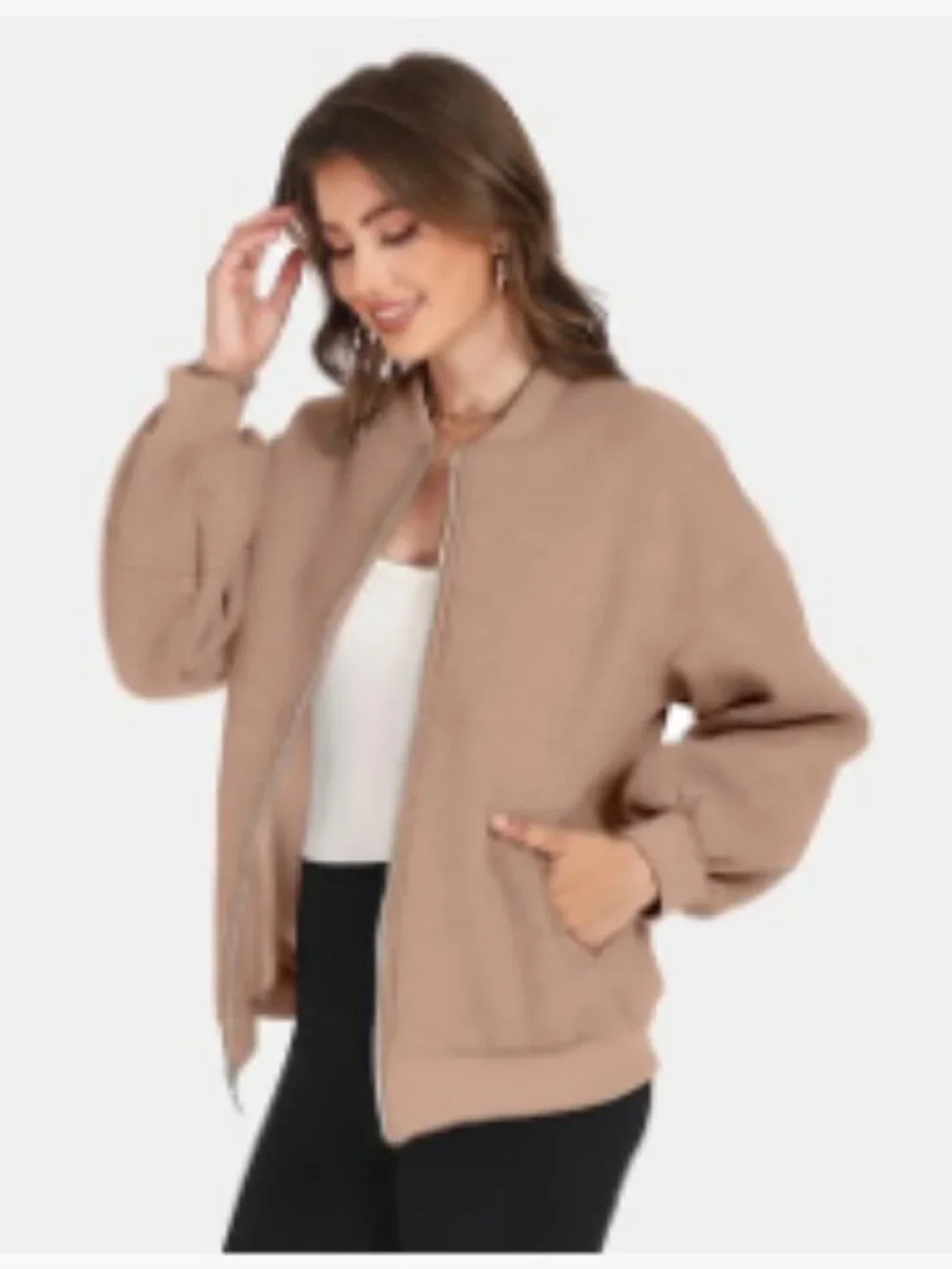 Oversized Zip Up Fleece Bomber Jacket with Lantern Sleeves - Picture 6 of 6